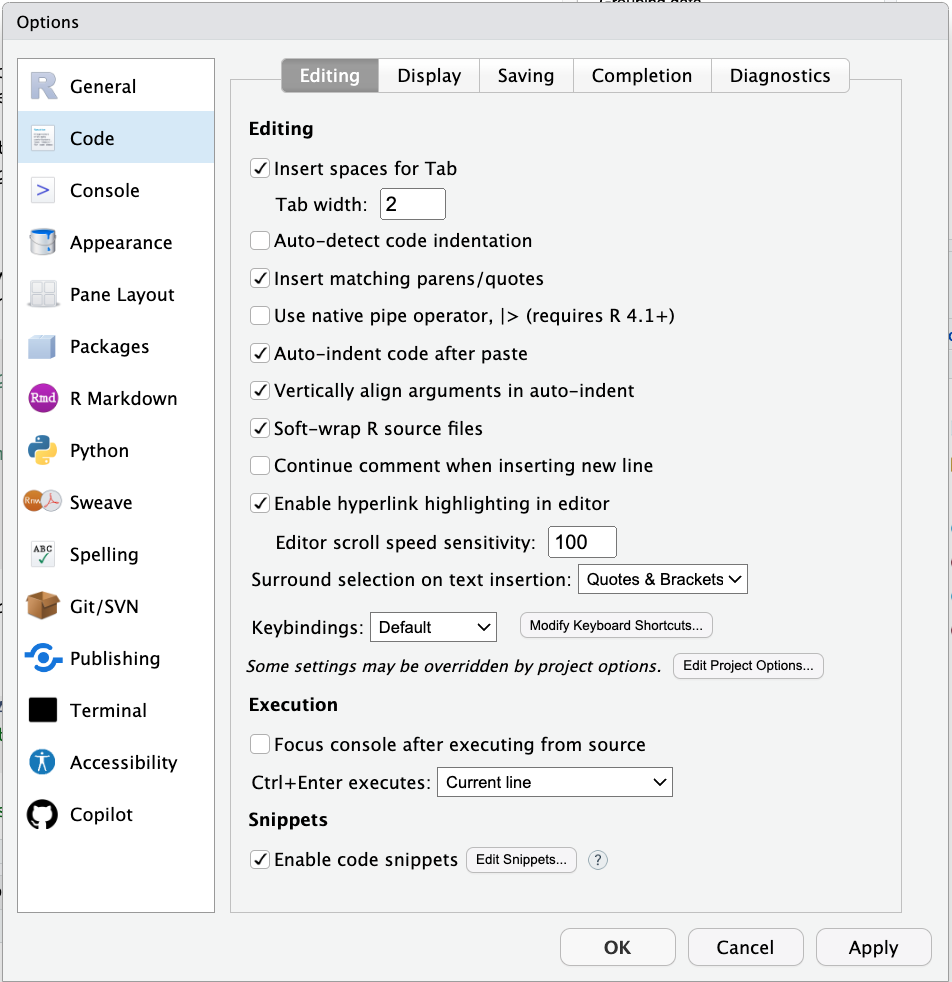 Code window preferences.