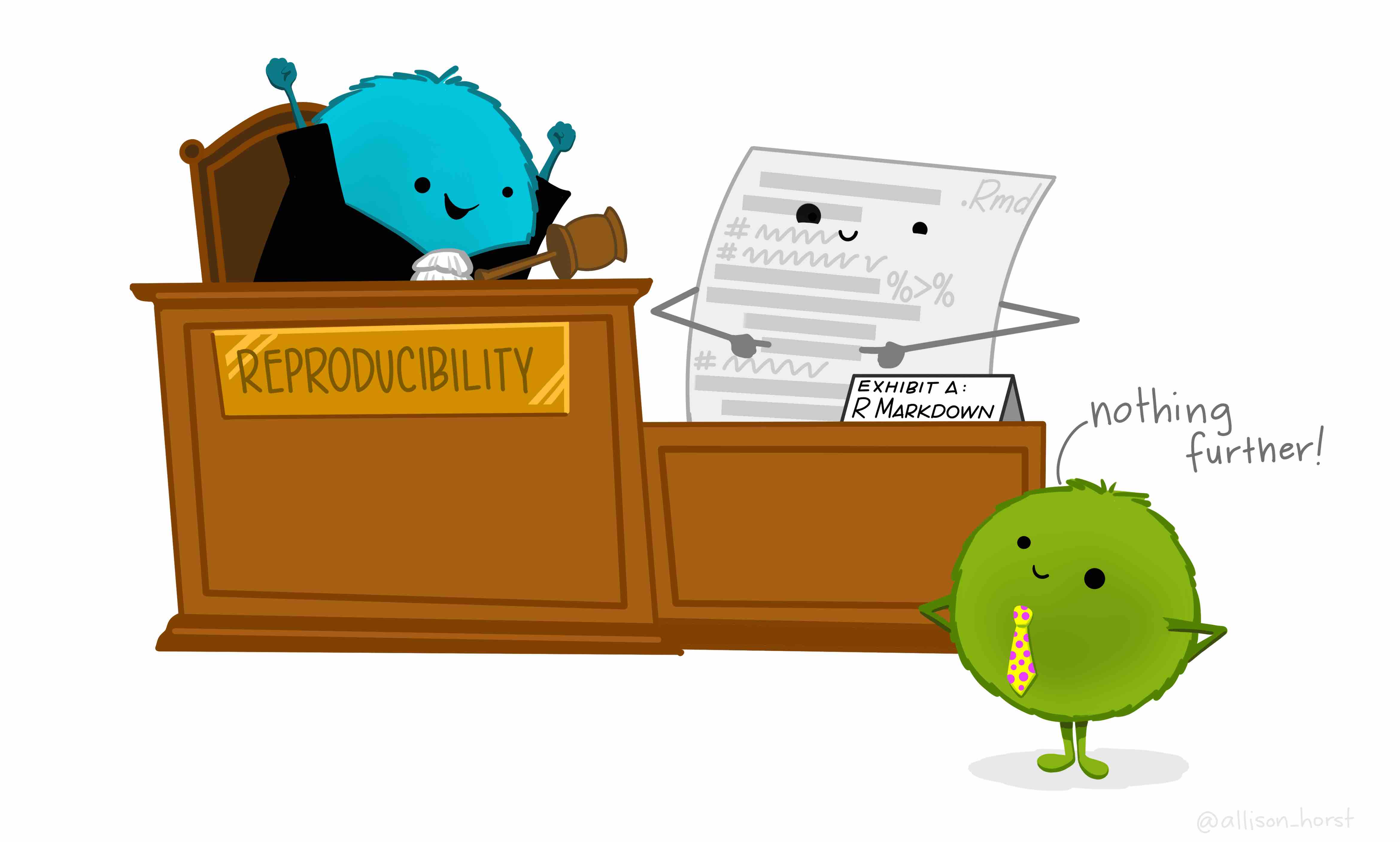 Defense at the reproducibility court (graphic by [Allison Horst](https://github.com/allisonhorst)).